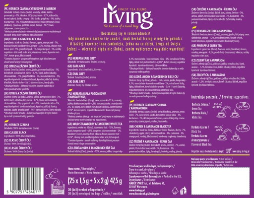 Čajová kolekcia Premium Tea Selection, 30 obálok v 6 príchutiach Irving