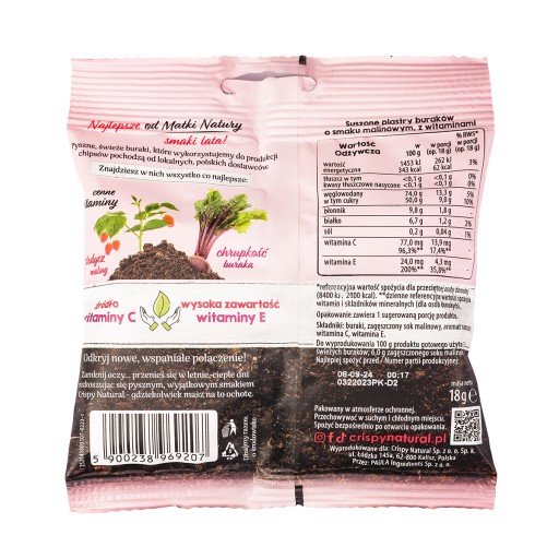 Crispy Natural Sušená cvikla s malinovou šťavou a vitamínmi Plátky 18 g