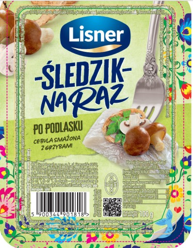Sleď na podlaský spôsob, opražená cibuľka s lisnerskými hubami 100g