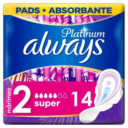 Always Platinum Super (veľkosť 2) Hygienické vložky s krídelkami, 14 kusov