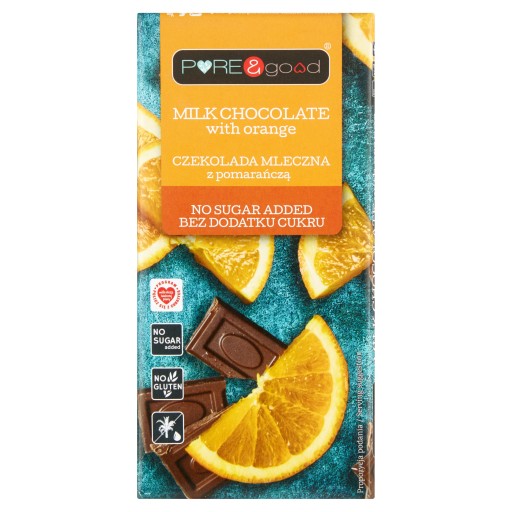 Mliečna čokoláda s pomarančom, bez pridaného cukru, 75 g Pure&Good