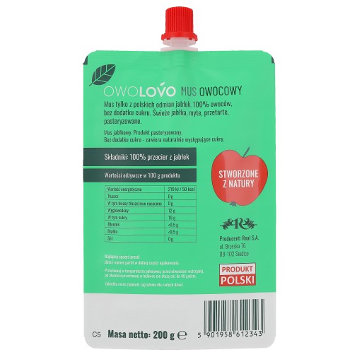 Owolovo Apple Mousse Premium Apple Fruit Mousse 200 g