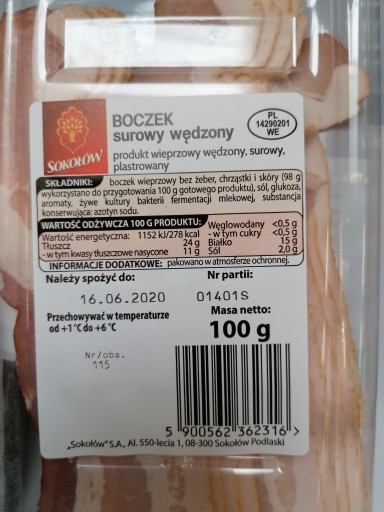 Surová údená slanina plátky Sokołów 100g