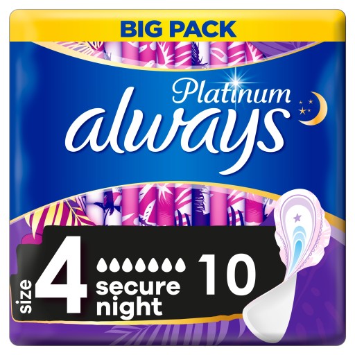Always Platinum Secure Night (veľkosť 4) Hygienické vložky s krídelkami, 10 kusov