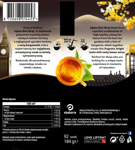 Čierny čaj Lipton Earl Grey Lemon 92 vrecúšok