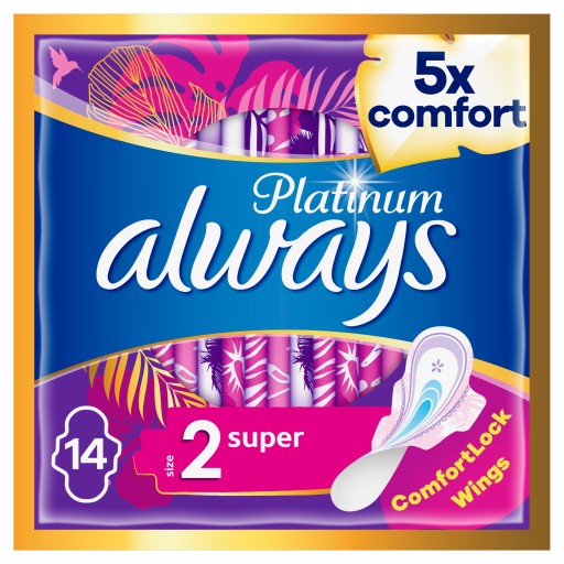 Always Platinum Super (veľkosť 2) Hygienické vložky s krídelkami, 14 kusov
