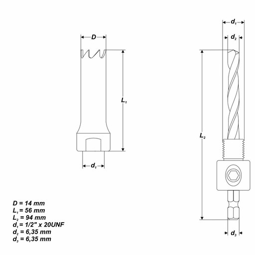 Sada - Bimetalová dierová píla pr. 14 mm + adaptér