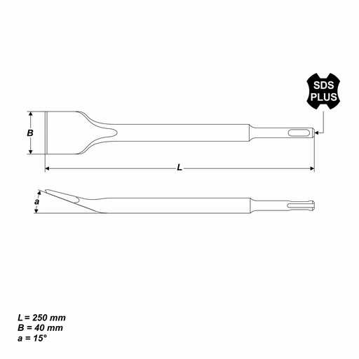 Sekáč SDS-Plus, plochý široký 40x250 mm 15° uhol
