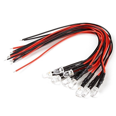 10x LED dióda 5mm, 12V, ČERVENÁ, ČISTÁ, kábel 20 cm
