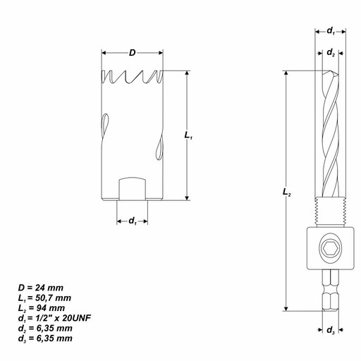 Sada - Bimetalová dierová píla pr. 24 mm + adaptér