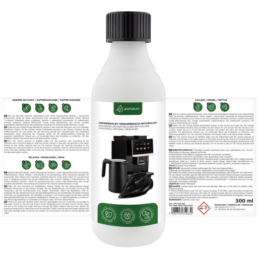 Univerzálny prírodný odstraňovač vodného kameňa pre espresso kávovary, varné kanvice a žehličky, 300 ml