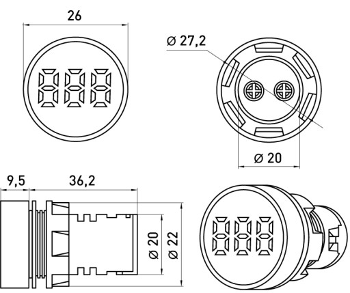 LED indikátor prúdu 22mm, 5-100A