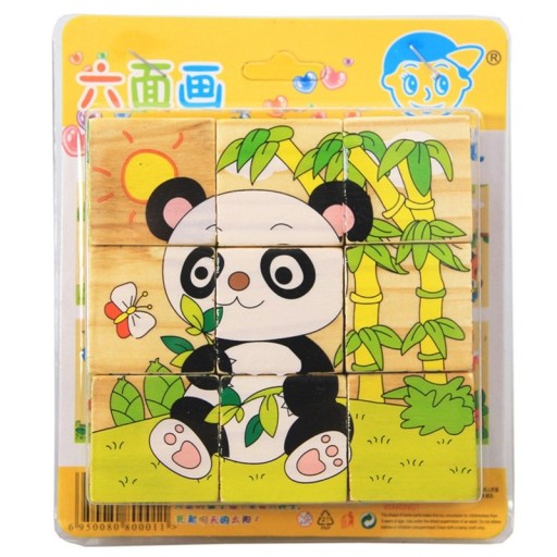 Náučné drevené kocky puzzle kocky puzzle Safari 6v1 9 kusov.