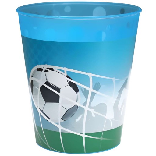 OPÄTOVNE POUŽITEĽNÝ plastový hrnček modrý FUTBAL narodeninový futbalový futbal