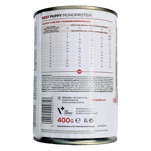 RAW PALEO PUPPY Mokré krmivo pre psov Mono Beef 400g