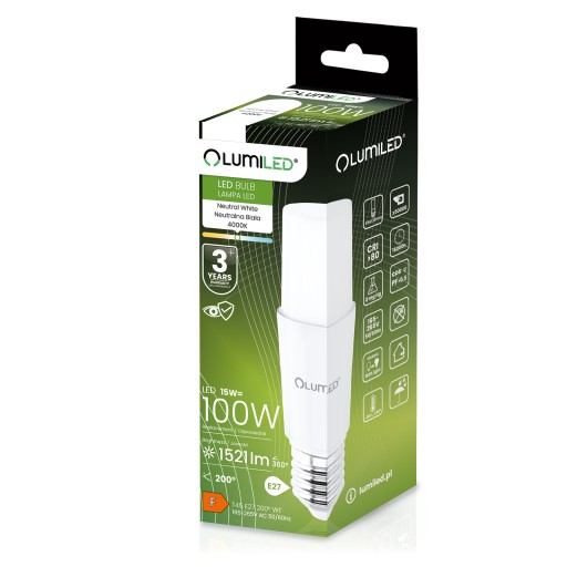 LED STICK E27 žiarovka 15W = 100W 1521lm 4000K Neutrál TUBULAR LUMILED