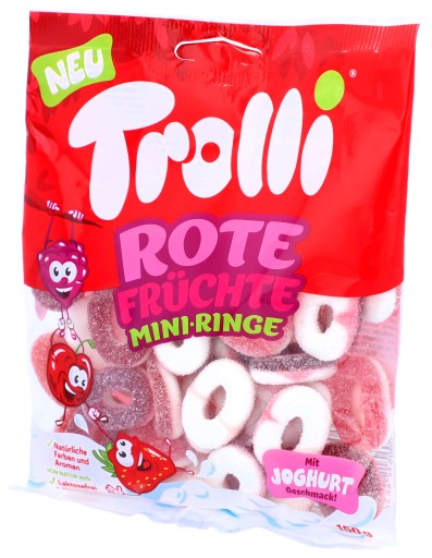TROLLI Rote Früchte mini-Ringe ovocné želé jahoda malina čerešňa 150 g