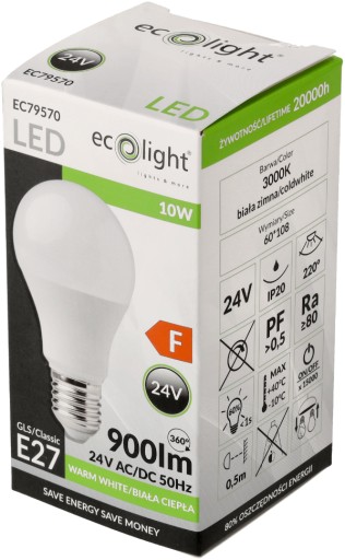 LED žiarovka E27 10W 24V Teplá farba 900lm