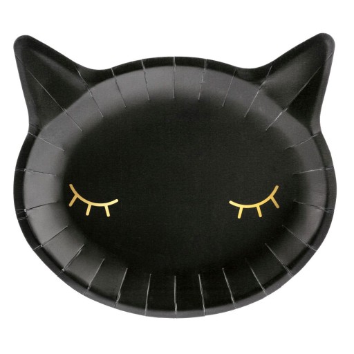 Papierové taniere KOTEK, čierne, 22 cm, 6 ks, na Halloweenske narodeniny