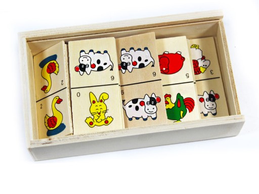 DREVENÉ DOMINO PUZZLE FARMÁRSKE ZVIERATÁ OVOCIE