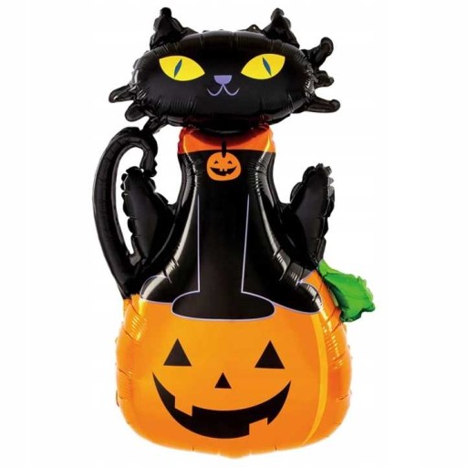 Tekvicový fóliový balón s čiernou mačkou Halloween 97cm