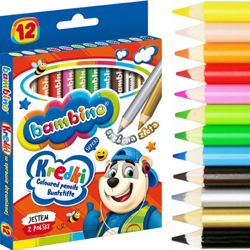 Bambino pastelky, 12 farieb, drevený rám, hrubé, jadro KAOLIN CLAY