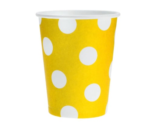 papierové poháre žlté, biele bodky, 270ml/6 ks.