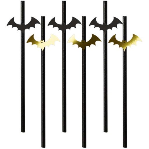 Papierové slamky čierne HALLOWEEN BATS čierne a zlaté X6