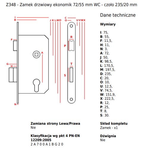 JANIA Zámok na dvere 72/55 mm WC - predné 235/20 mm strieborná pravá strana