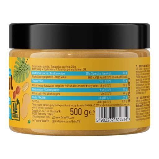 OstroVit Arašidové maslo 100% 500 g ARAŠIDOVÉ MASLO Krémová pasta bez CUKRU, SOĽ