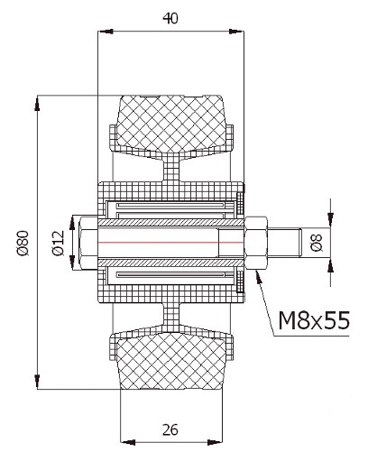 Plastové a gumené koliesko fi. 80 mm, montážna sada M8x55, skrutka, objímka