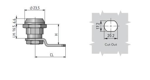 Chrómovaný vačkový zámok s guľôčkou, 9mm trojuholník/16,5mm telo