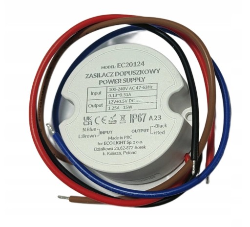 LED zdroj pre 60mm box na LED pás 1,25A 15W 12V IP67 50x50x22mm