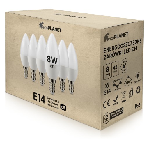 6x E14 LED žiarovka, 8W sviečka, ecoPLANET COLORS