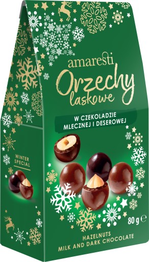 LÍSKOVÉ ORIEŠKY V MLIEKU A DEZERTNÁ ČOKOLÁDA AMARESTI ZIMNÁ 80G