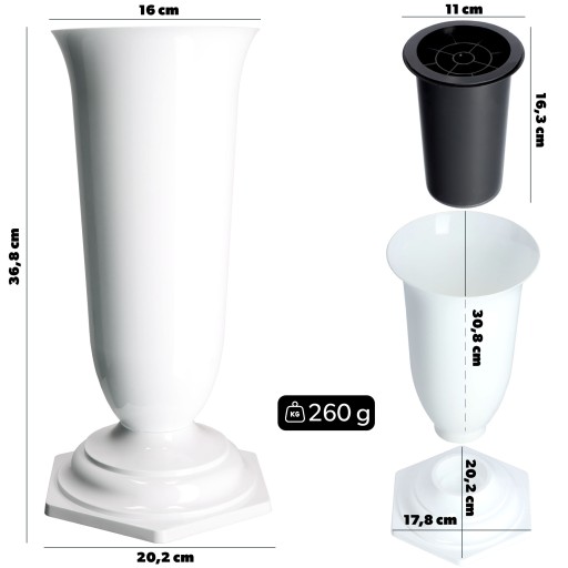 VALAS VAS PRE CINTORINOVÝ NÁHROB NÁHOBNÝ BIELY 37cm S VLOŽKOU