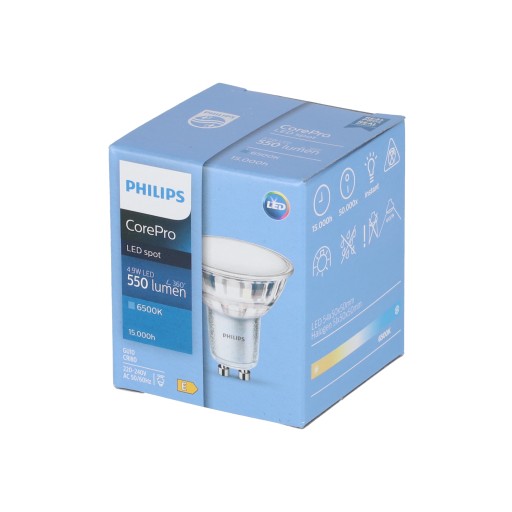 Philips CorePro GU10 LED žiarovka 4,9W=50W 550lm studená farba 6500K 120°