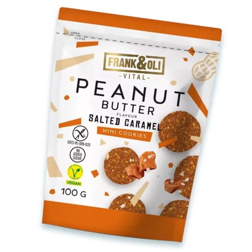FRANK&OLI MINI COOKIES bezlepkové, cukor, ORIEŠKOVÉ MASLO, SLANÝ KARAMEL 100g