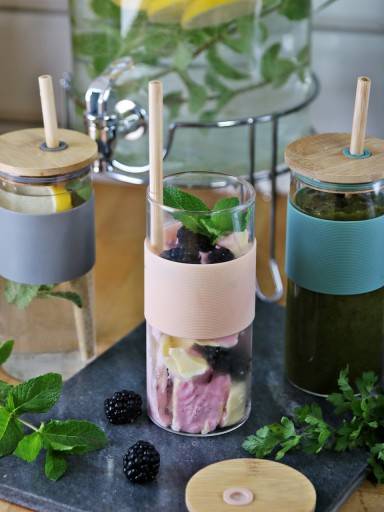 SKLENENÁ fľaša, pohár SMOOTHIE, 400 ml, so slamkou