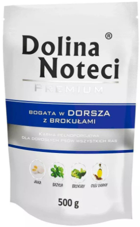 DOLINA NOTECI Prémiové mokré krmivo pre psov bohaté na tresku a brokolicu 500g