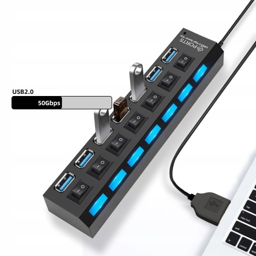 7X USB HUB SPLITTER REPLIKÁTOR PORTU S SPÍNAČMI