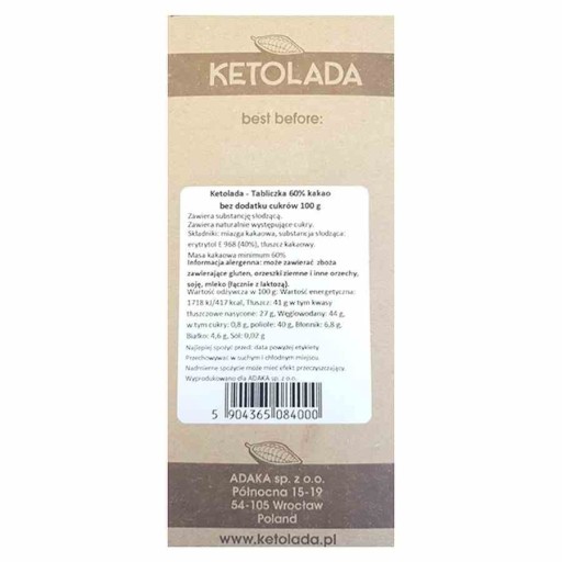 KETO horká čokoláda 60% kakao s erytritolom BEZ CUKRU 100g Ketolada