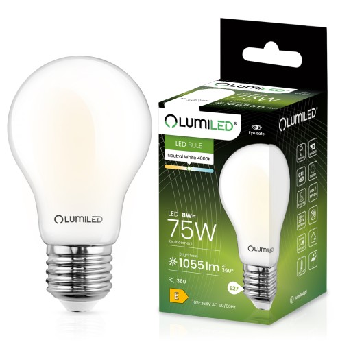 E27 A60 LED žiarovka 8W = 75W 1055lm 4000K Neutral White MILK FILAMENT
