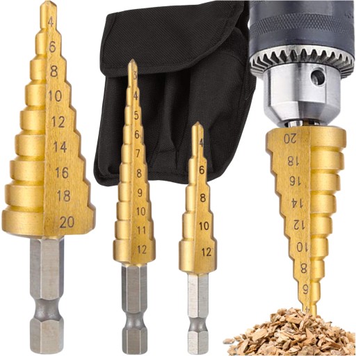 Stupňovité oceľové vrtáky, sada 3 ks, kužeľové, 3-20 mm, na drevo, plech