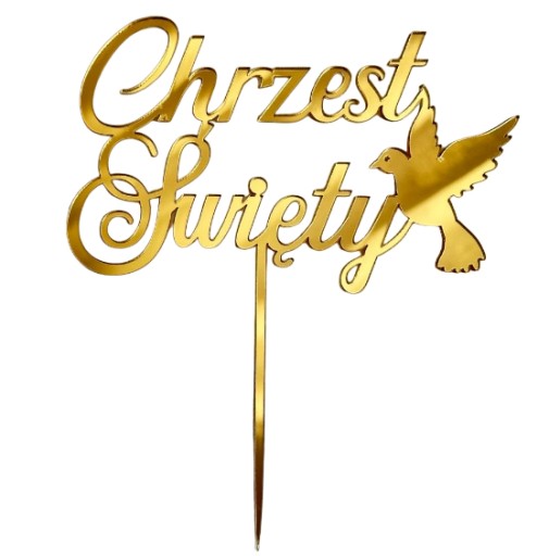 Krstný krstina s holubicou 12cm Krstný topper PLEXI ZLATÉ zrkadlo