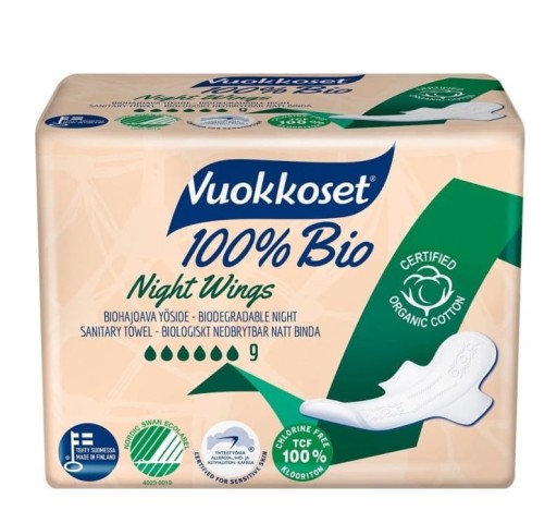 Ekologické hygienické vložky Vuokkoset NIGHT WINGS 9 ks.