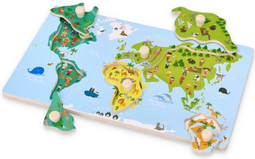 Drevené puzzle s rúčkami MAPA SVETA Edu bloky 30x18cm AdamToys 1+