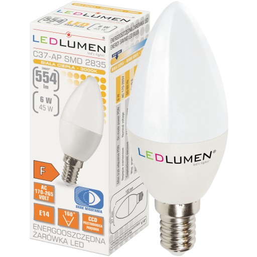 E14 LED SVIEČKOVÁ žiarovka 6W=45W 554lm CCD Úspora energie bez blikania