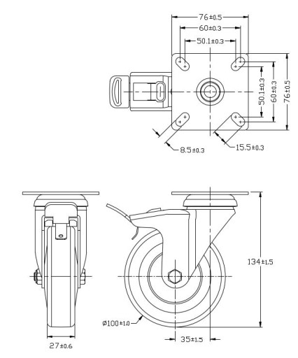 OTOČNÉ KOLESO S BRZDOVÝM VALCEKOM SADA KOLESÁ KOLESÁ GUMOVÉ KOLESÁ 100MM 80KG