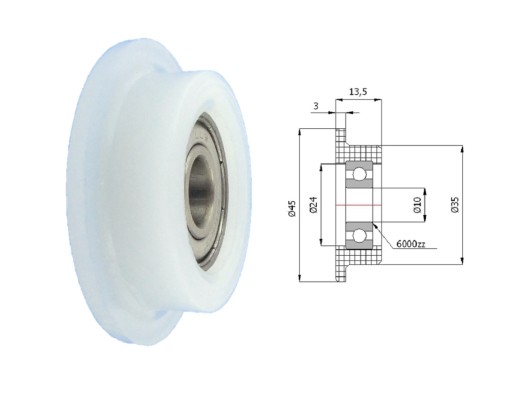 Plastová rolka s priemerom príruby 45mm, priemer 10mm